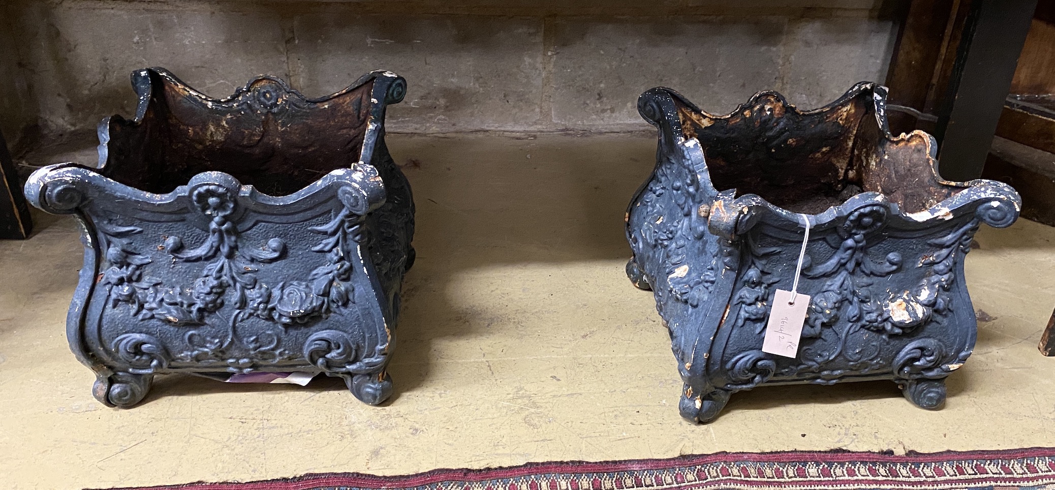 A pair of Victorian style square cast metal garden planters, width 33cm, height 30cm